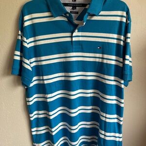 Men’s Blue And White Striped Tommy Hilfiger Short Sleeve Classic Fit Polo Size L